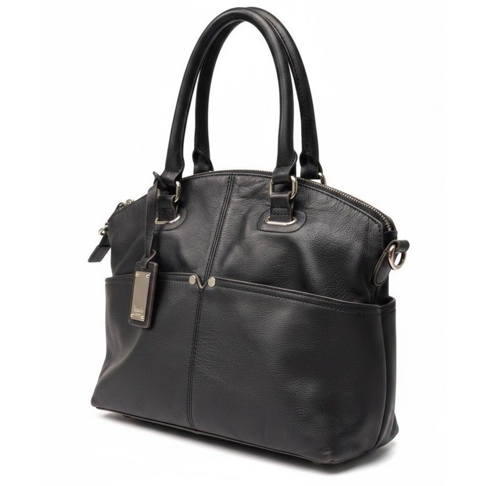 Tignanello Black Genuine Leather Satchel Shoulder Bag Purse Pebbled Pocket Tote